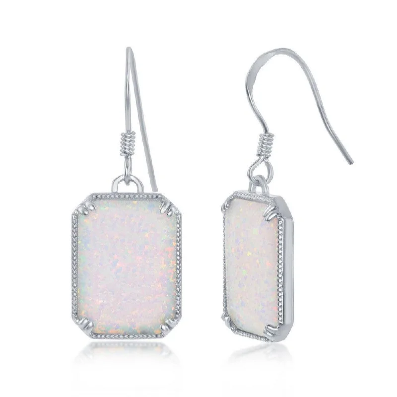 Textured Gold Earrings-Sterling Silver Rectangle White Opal Beaded Earrings