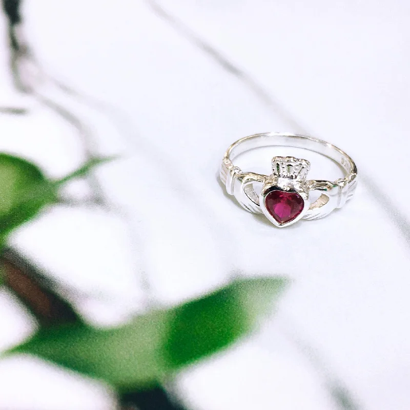 Unique Birthstone Ring-Sterling Silver Ruby Zirconia Claddagh Ring