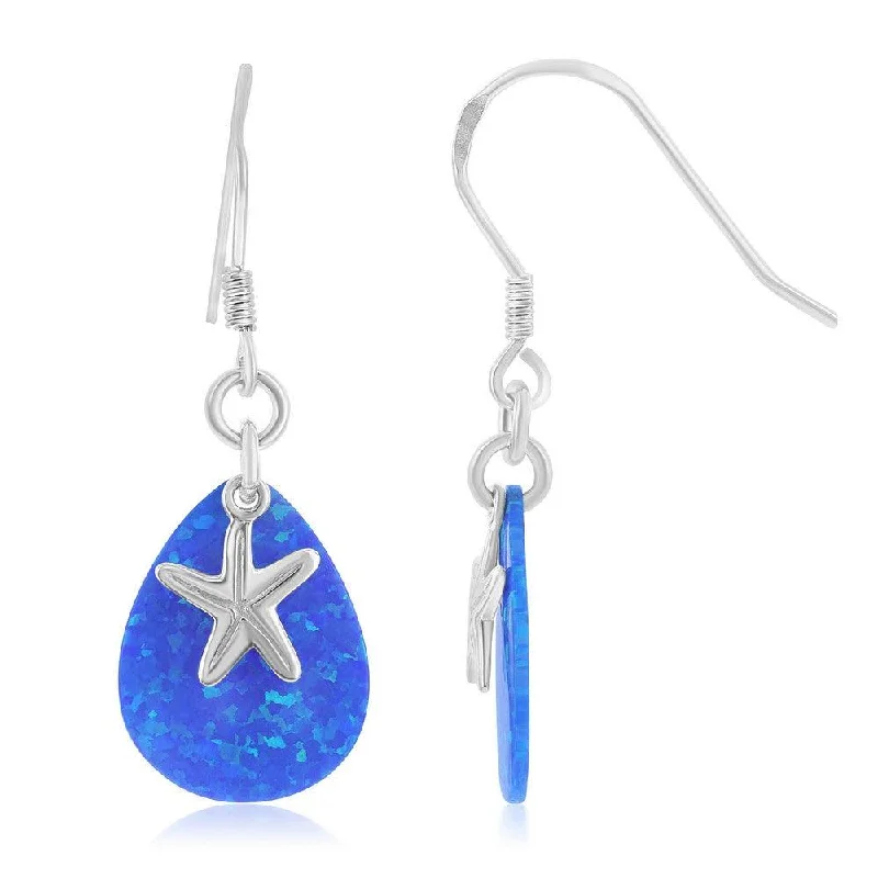 Fashionable Chain Earrings-Sterling Silver Blue Starfish Fishhook Earrings