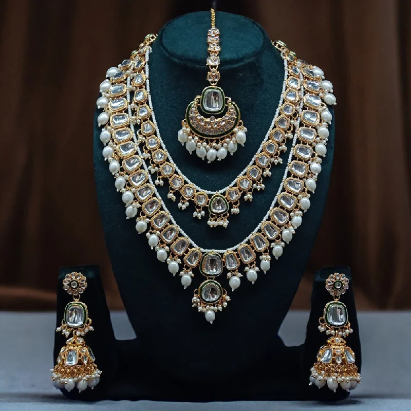 Statement Chunky Necklace-Gehana Mahal Gold Plated Kundan Stone Long Necklace Set