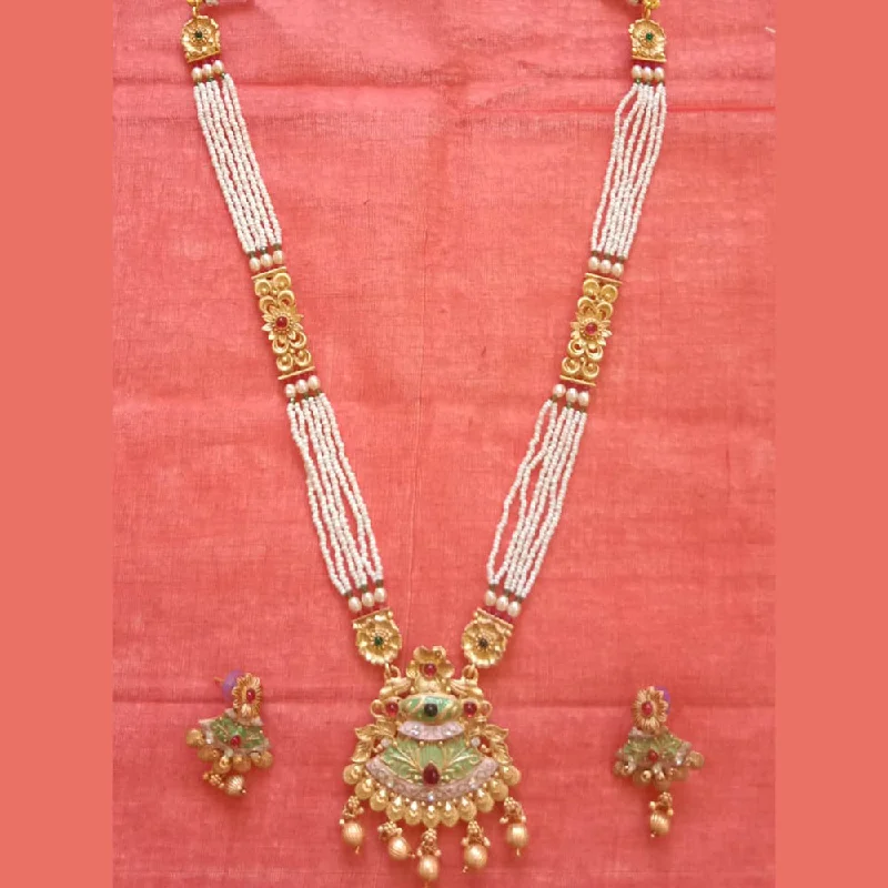 Unique Charm Necklace-Neetu Art Gold Plated Pota Stone And Pearl Long Necklace Set