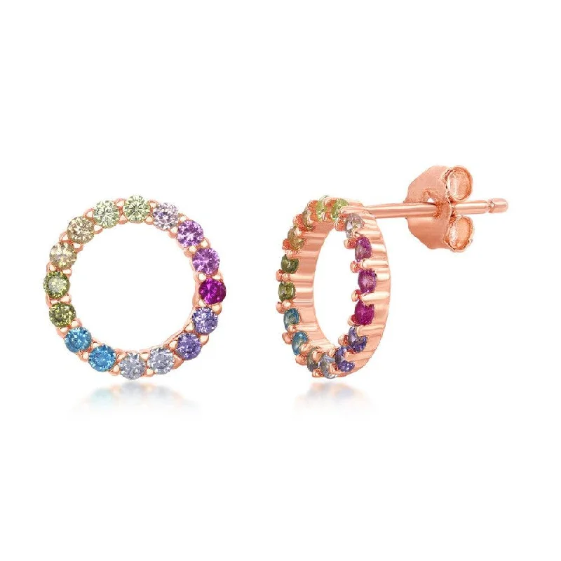 Opal Drop Earrings-Sterling Silver Rose GP Rainbow CZ Circle Stud Earrings