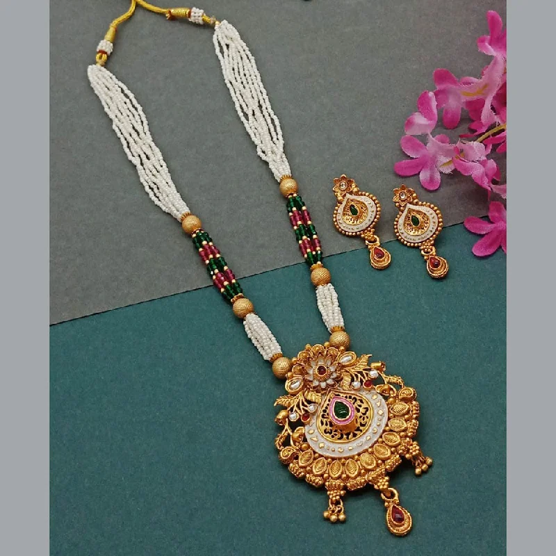 Classic Pendant Necklace-India Art Gold Plated Pota Stone And Pearl Long Necklace Set