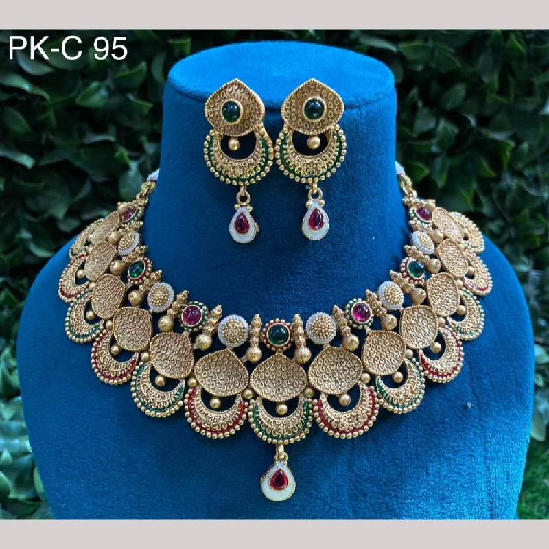 Gemstone Drop Necklace-Amoliya Jewels Gold Plated Pota Stone Meenakari Necklace Set