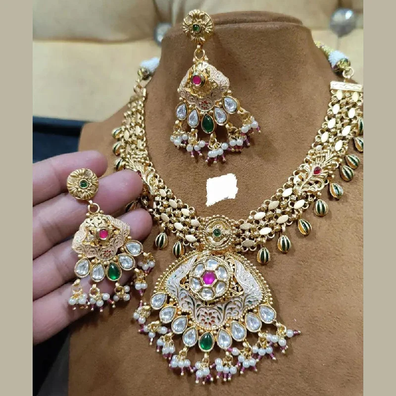 Long Dangle Necklace-FS Collection Gold Plated Polki Kundan Stone And Meenakari Pearls Necklace Set