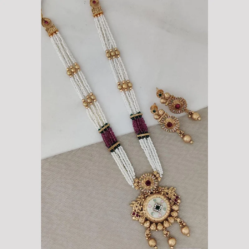 Oval Gemstone Necklace-Rani Sati Jewels Gold Plated Pota Stone And Pearl Long Necklace Set