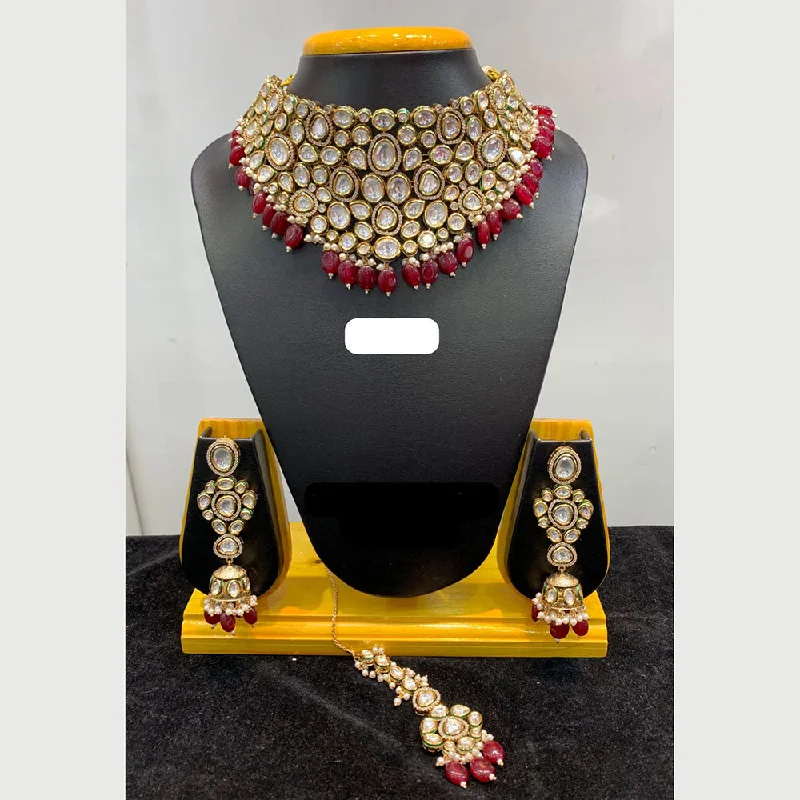 Crystal Pendant Necklace-Jain Jewellers Gold Plated Polki Kundan Stone And Pearls Necklace Set