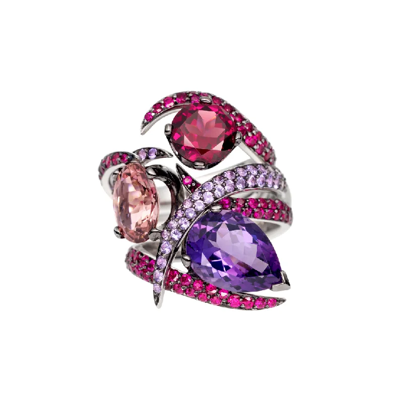 Unique Gold Wedding Ring-Interlocking Aurora Ring Set - 18ct White Gold & Amethyst, Pink Tourmaline & Rhodalite