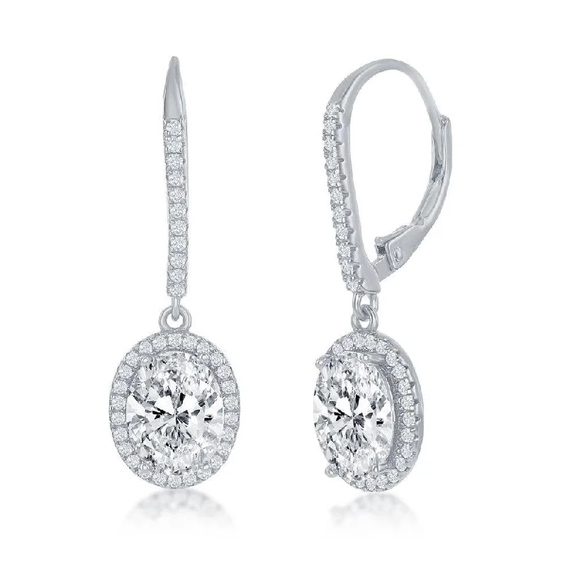 Luxurious Sapphire Earrings-Sterling Silver Oval CZ Halo Dangling Earrings