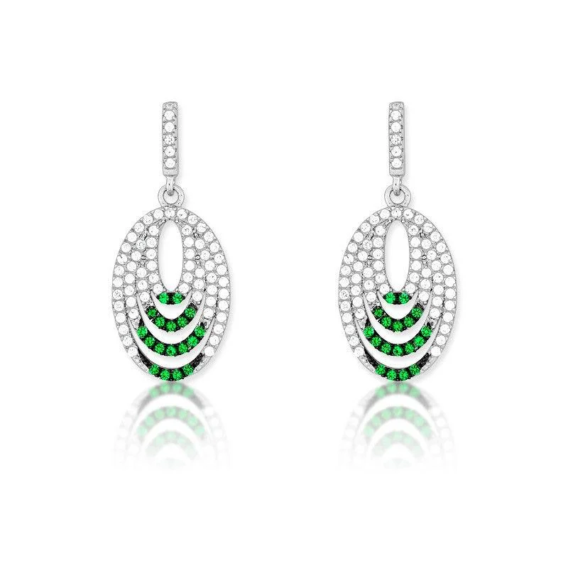 Chunky Hoop Earrings-Sterling Silver Green CZ Micro Pave Oval Earrings