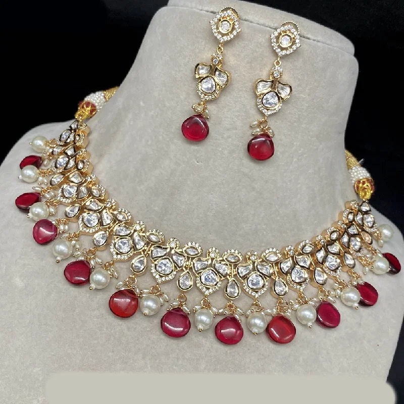 Vintage Inspired Necklace-Amoliya Jewels Gold Plated Polki Kundan Choker Necklace Set