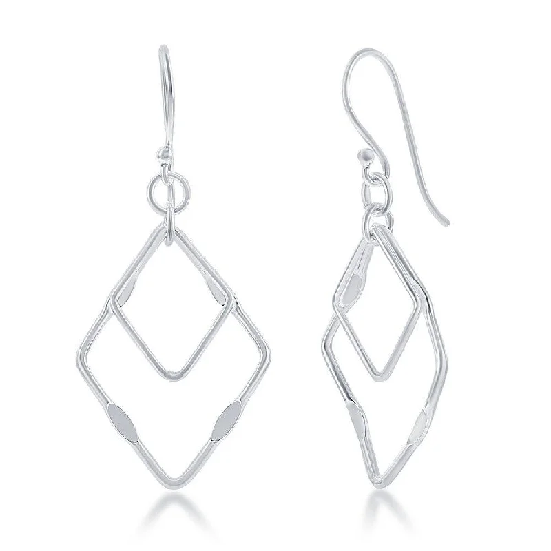 Silver Dangle Earrings-Sterling Silver Double Open Square Earrings