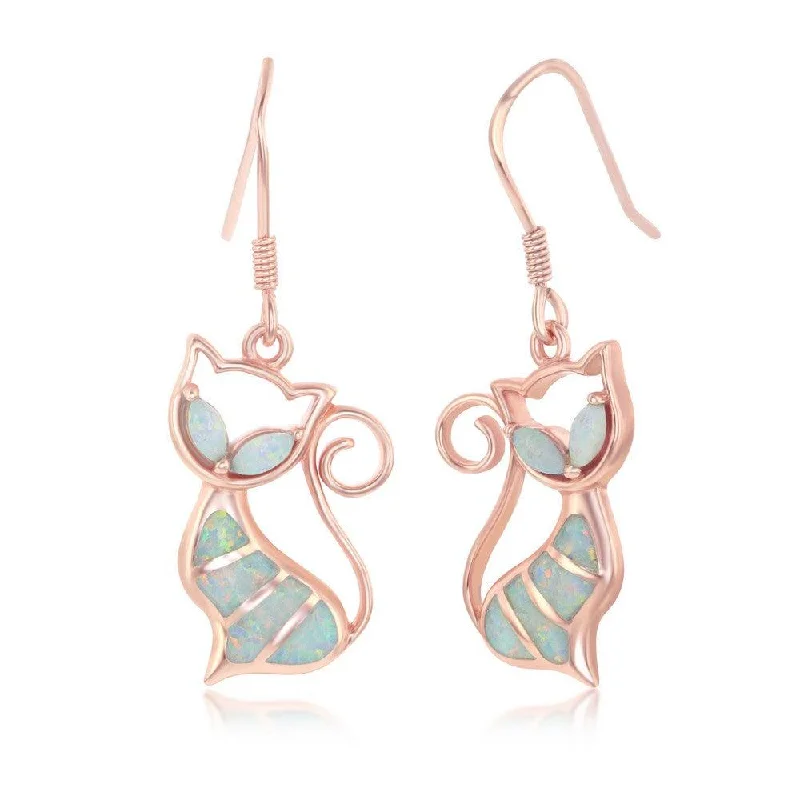 Minimalist Drop Earrings-Sterling Silver Rose Gold Plated White Inlay Opal Cat Earrings