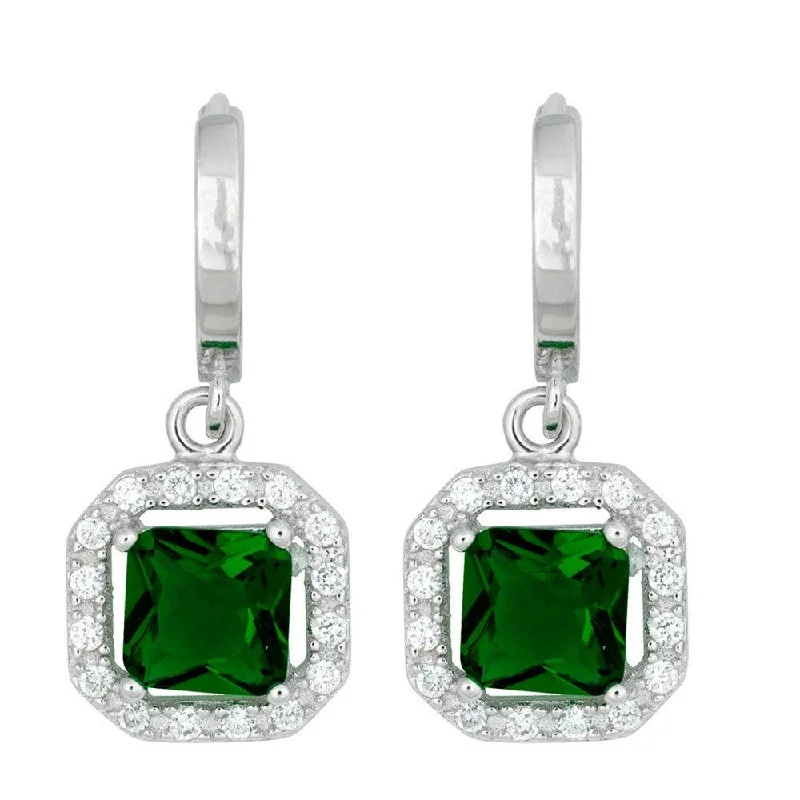 Elegant Leaf Earrings-Sterling Silver Dangling Green CZ Pave Earrings