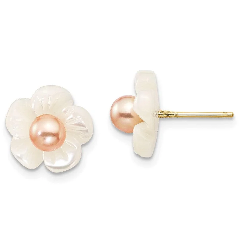 Large Silver Earrings-14k 3-4mm Pink FW Cultured Pearl w/10mm MOP Flower Post Earrings