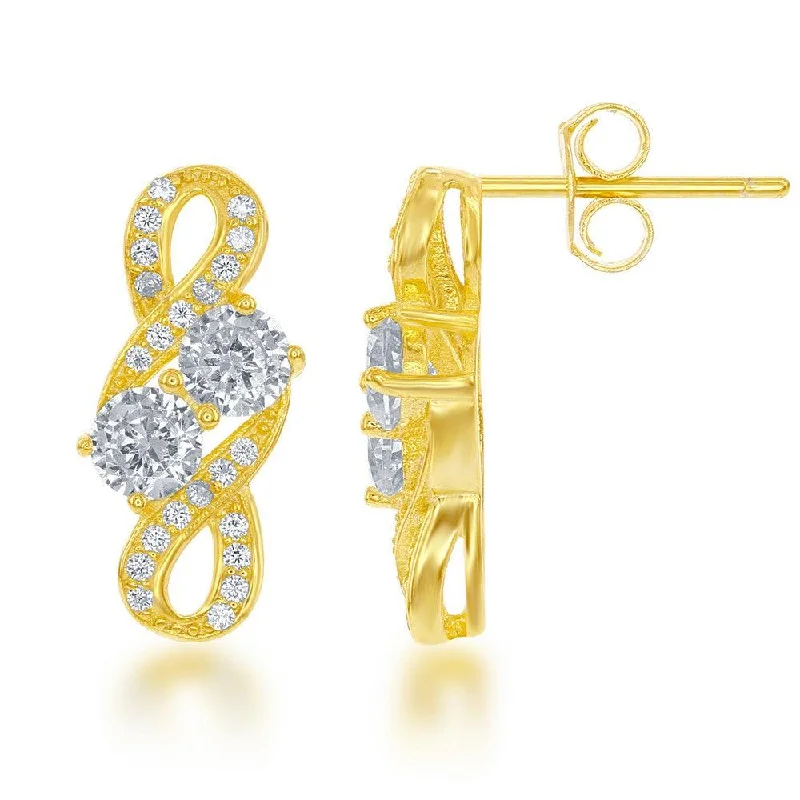 Chunky Hoop Earrings-Sterling Silver Gold Plated Two-Stone CZ Earrings