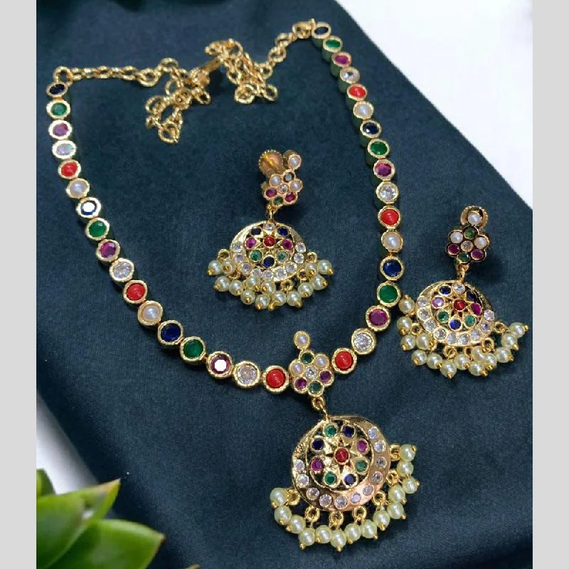 Bold Crystal Necklace-Sona Creation  Gold Plated Crystal Stone And Pearls Necklace Set