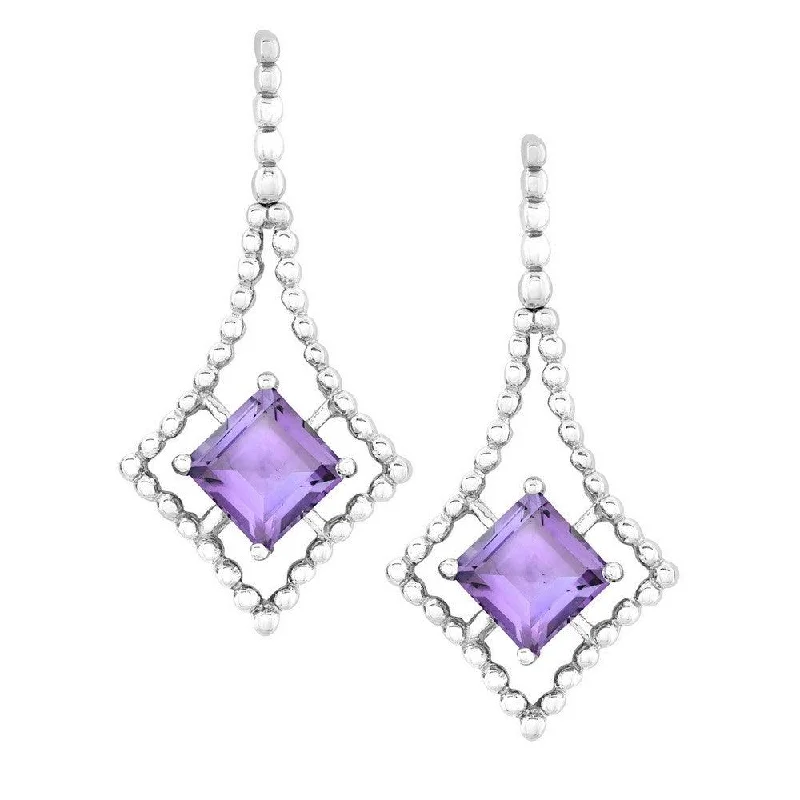 Elegant Crystal Earrings-Sterling Silver Open Beaded Square with Center Square Amethyst Earrings