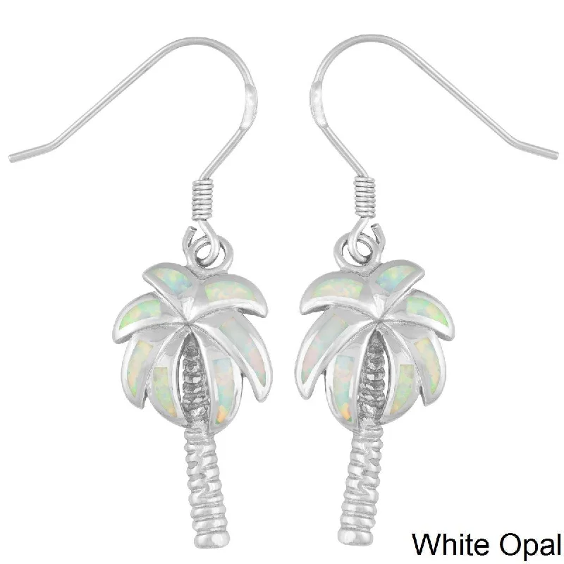 Heart Shaped Earrings-Sterling Silver White Inlay Opal Palm Tree Earrings