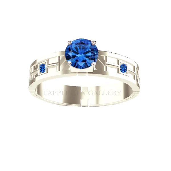 Personalized Stacking Ring-UNIQUE PAVE SAPPHIRE TARTAN ENGAGEMENT RING IN WHITE GOLD