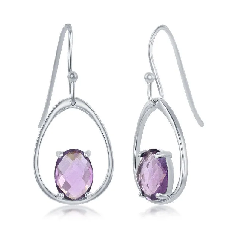 Simple Pearl Earrings-Sterling Silver Four Prong Purple Amethyst Earrings