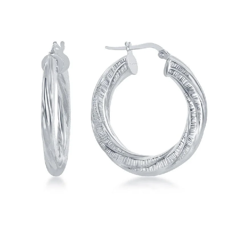 Pearl Drop Earrings-Sterling Silver Rhodium Plated Twisted Designed Hoop Earrings