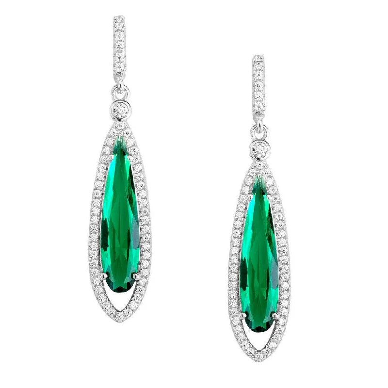 Luxury Diamond Earrings-Sterling Silver Teardrop Dark Green CZ Earrings