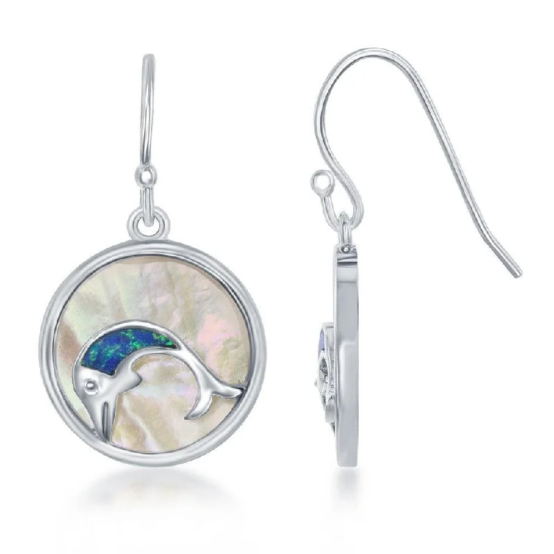 Double Hoop Earrings-Sterling Silver Blue Inlay Opal Dolphin Earrings