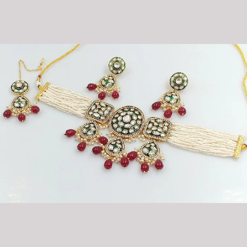 Custom Diamond Necklace-FS Collection Gold Plated Polki Kundan Stone And Pearls Choker Necklace Set