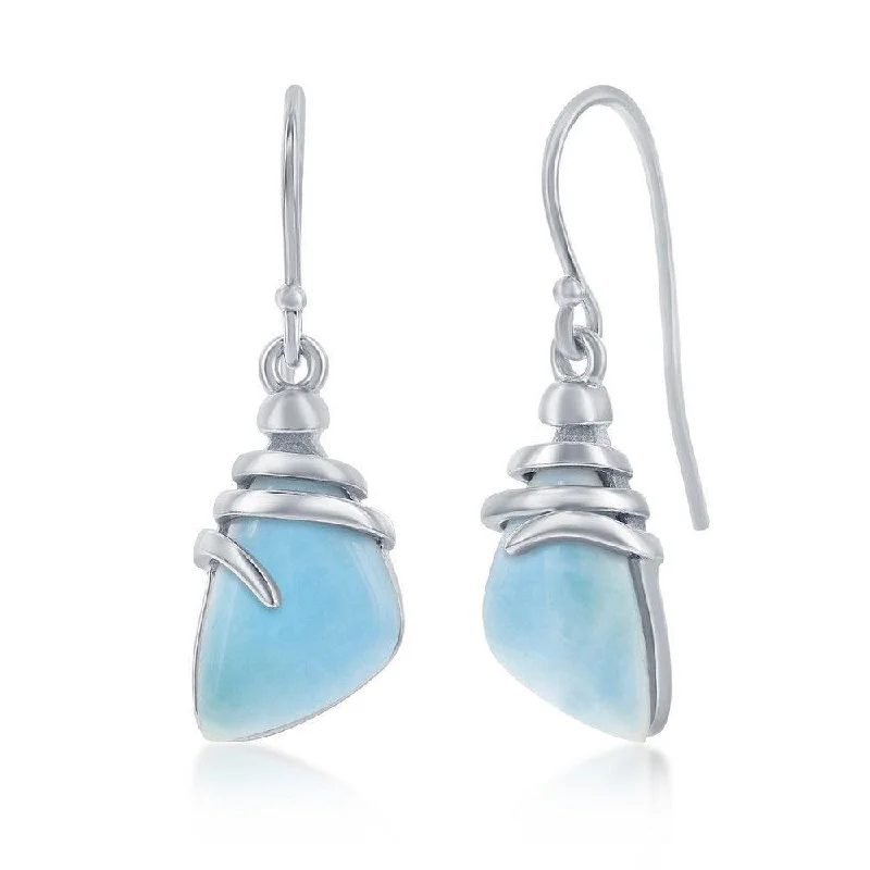 Custom Gemstone Earrings-Sterling Silver Irregular Shaped Larimar Twist Design Earrings