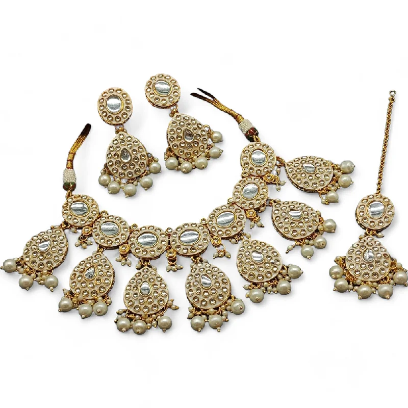 Designer Gold Necklace-Gehana Mahal Gold Plated Kundan Stone And Beads Necklace Set