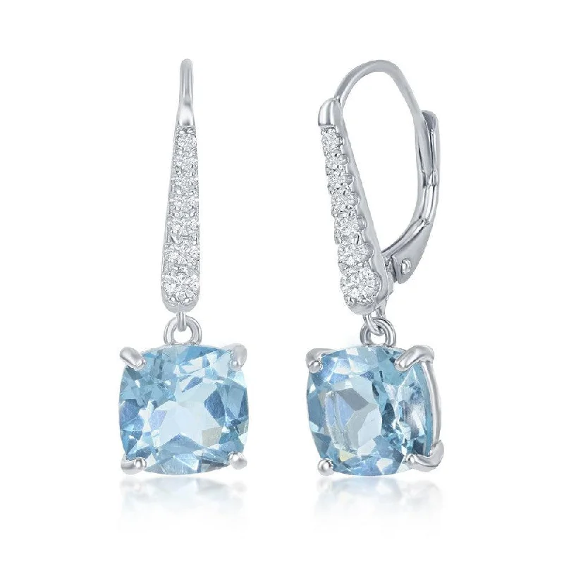 Diamond Drop Earrings-Sterling Silver Four Prong Blue Topaz Earrings