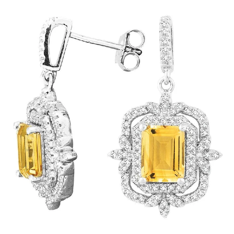 Diamond Heart Earrings-Sterling Silver Octagon Citrine Topaz Earrings