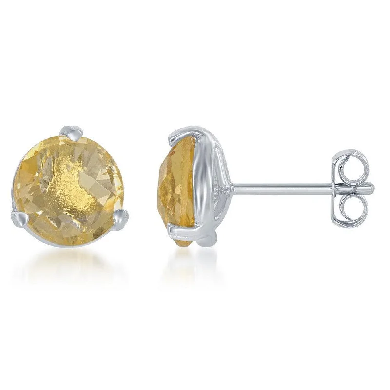 Custom Gemstone Earrings-Sterling Silver Yellow Round Citrine Stud Earrings