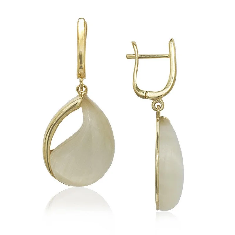 Bold Fashion Earrings-Sterling Silver GP Nude Yellow Cat's Eye Teardrop Earrings