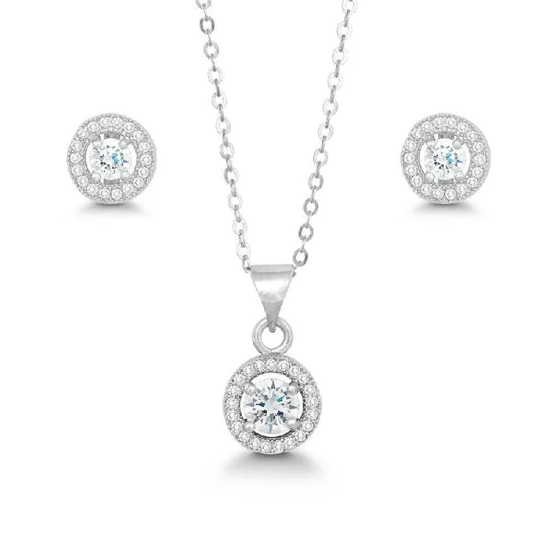 Delicate Diamond Earrings-Sterling Silver Prong Round Clear CZ Pendant and Earrings Set