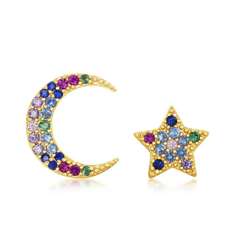 Trendy Ear Jackets-Sterling Silver GP Crescent Moon and Star Stud Earrings