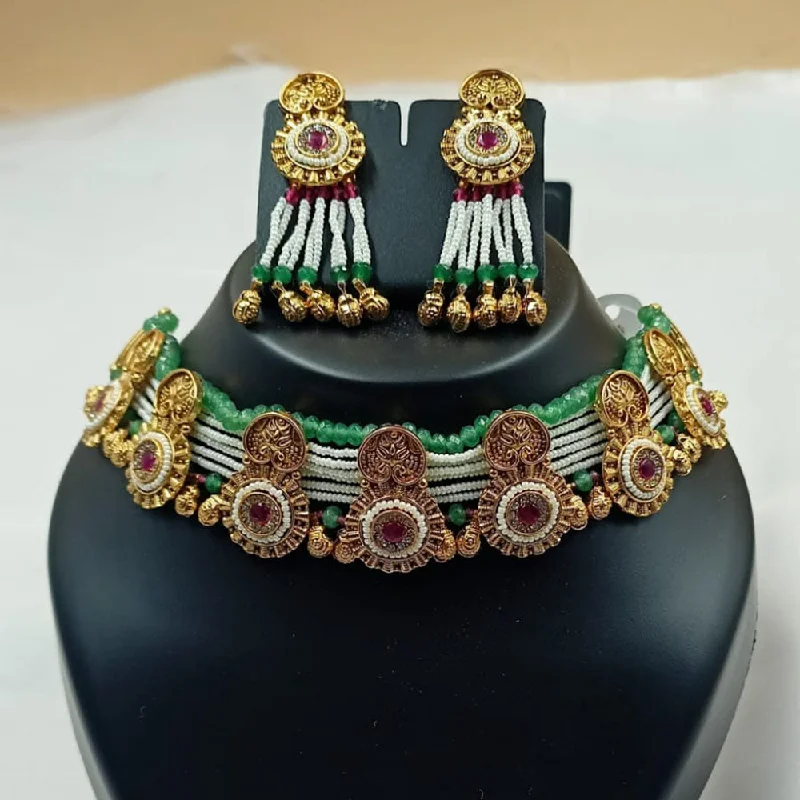 Classic Gold Pendant Necklace-Padmawati Bangles Gold Plated Pota Stone Choker Necklace Set