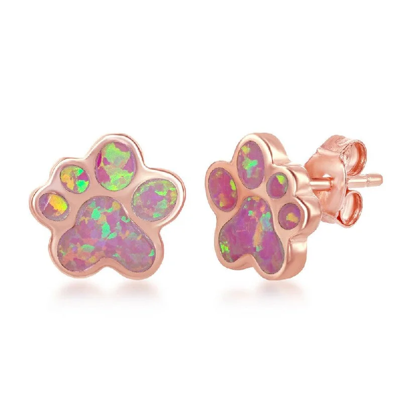 Luxurious Sapphire Earrings-Sterling Silver Rose Gold Plated Pink Inlay Paw Stud Earrings