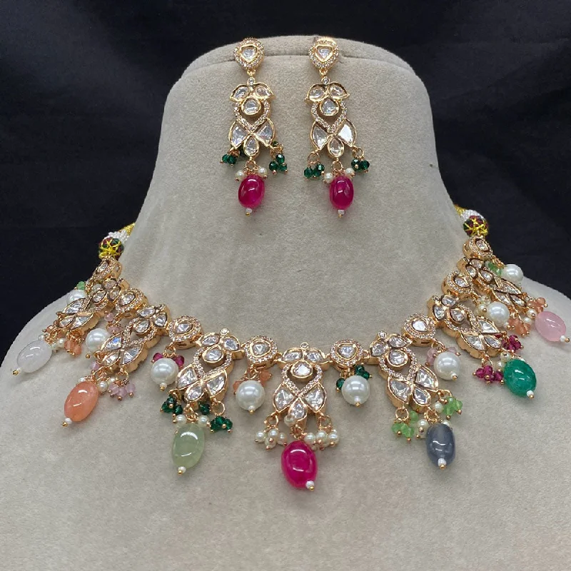 Layered Gemstone Necklace-Amoliya Jewels Gold Plated Polki Kundan Necklace Set