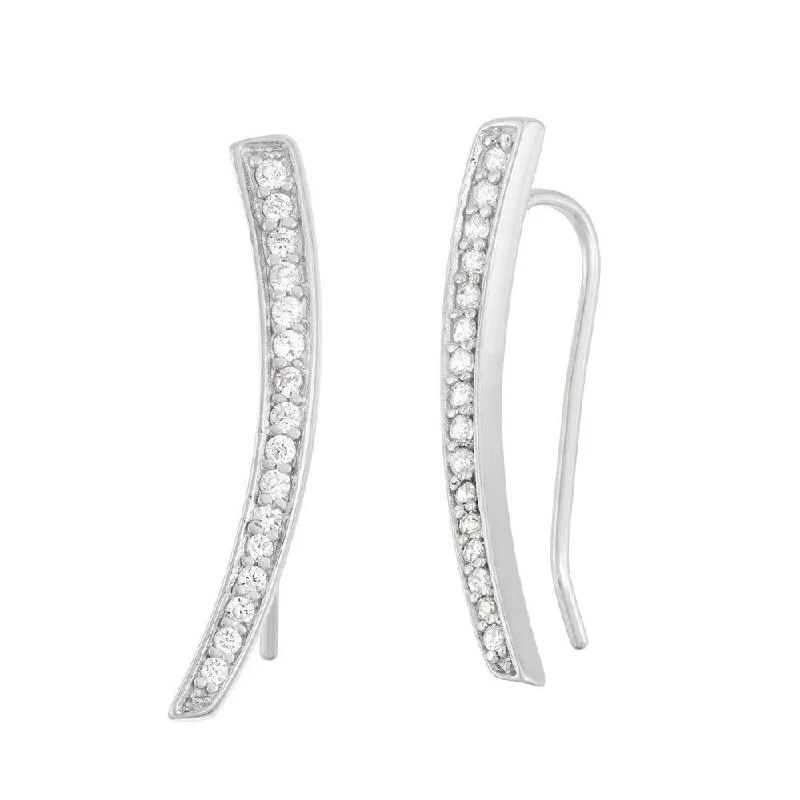 Vintage Gold Earrings-Sterling Silver CZ Curved Bar Climber Earrings