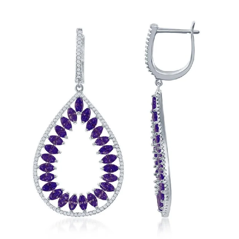 Heart Shaped Earrings-Sterling Silver Purple and White Teardrop Earrings