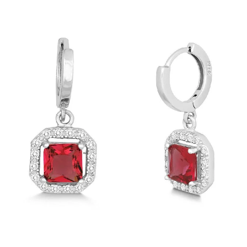 Silver Hoop Earrings-Sterling Silver Dangling Red CZ Micro Pave Earrings