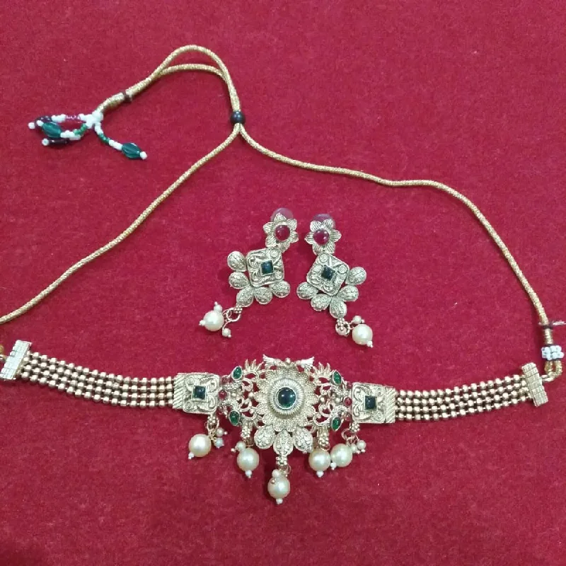 Wedding Pearl Necklace-Neetu Art Silver Plated Kundan Stone Choker Necklace Set