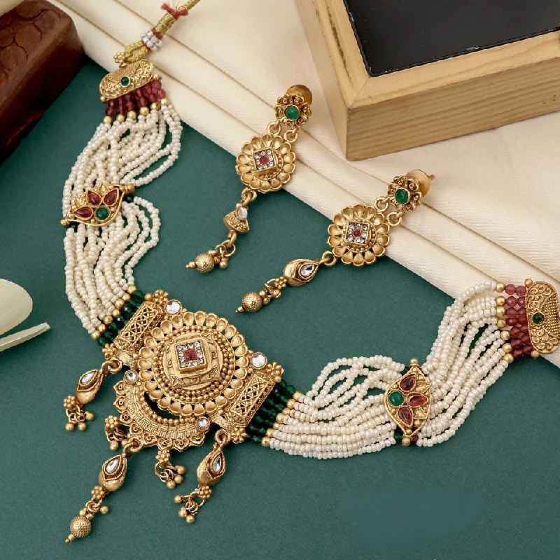 Geometric Pendant Necklace-FS Collection Gold Plated Kundan Stone And Pearl Necklace Set