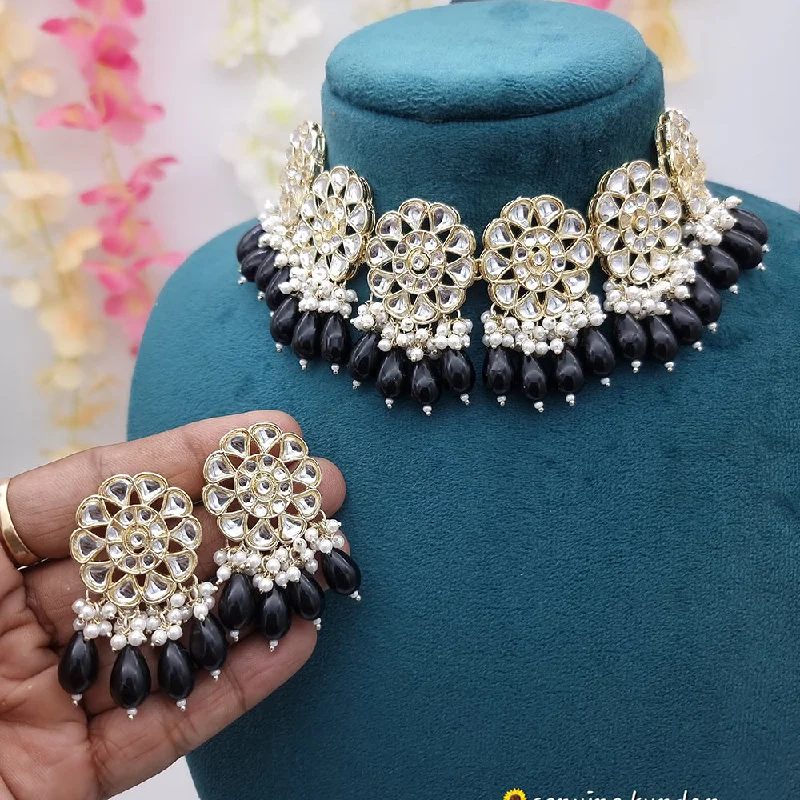 Elegant Crystal Necklace-JCM Gold Plated Kundan Stone And Pearls Choker Necklace Set