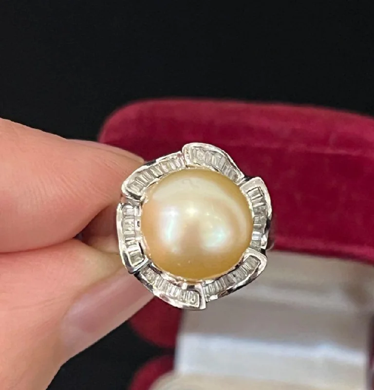 Custom Engagement Ring Set-14ct South Sea Pearl and Diamond Cluster Ring