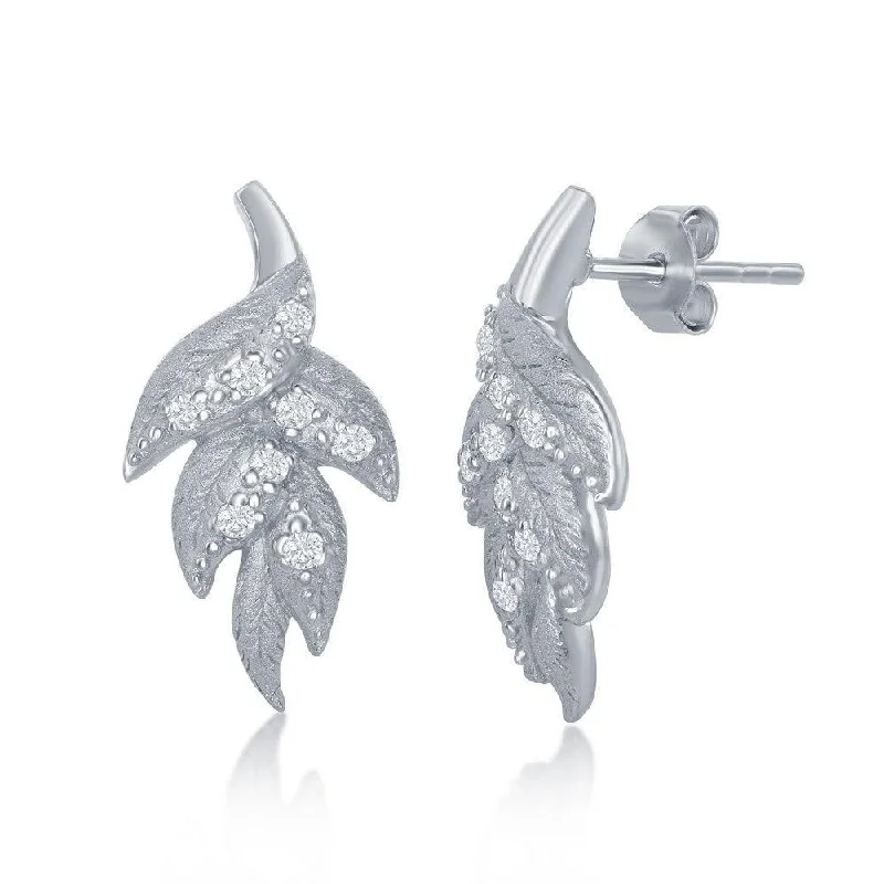 Sterling Silver Drop Earrings-Sterling Silver Leaf Diamond Sanded Stud Earrings