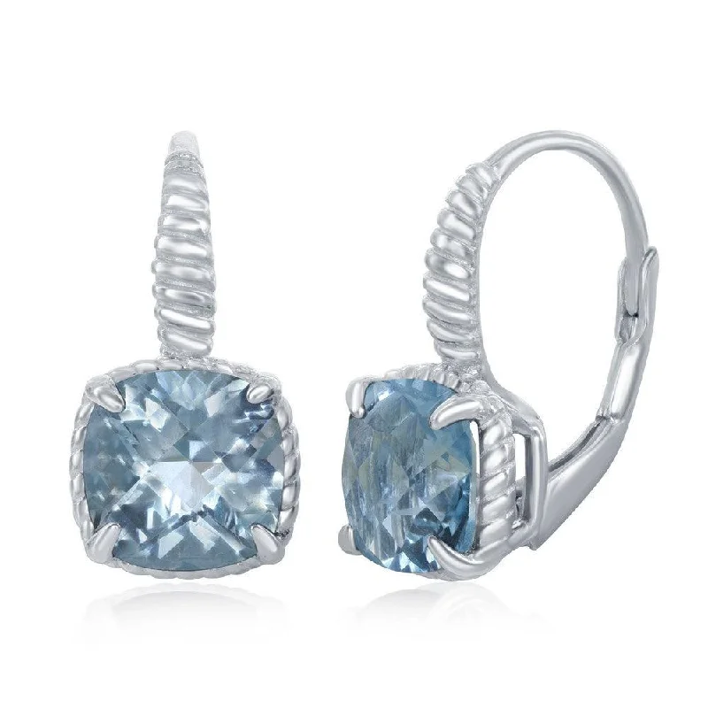 Beautiful Long Earrings-Sterling Silver Four-Prong Square Blue Topaz with Rope Design Border Earrings