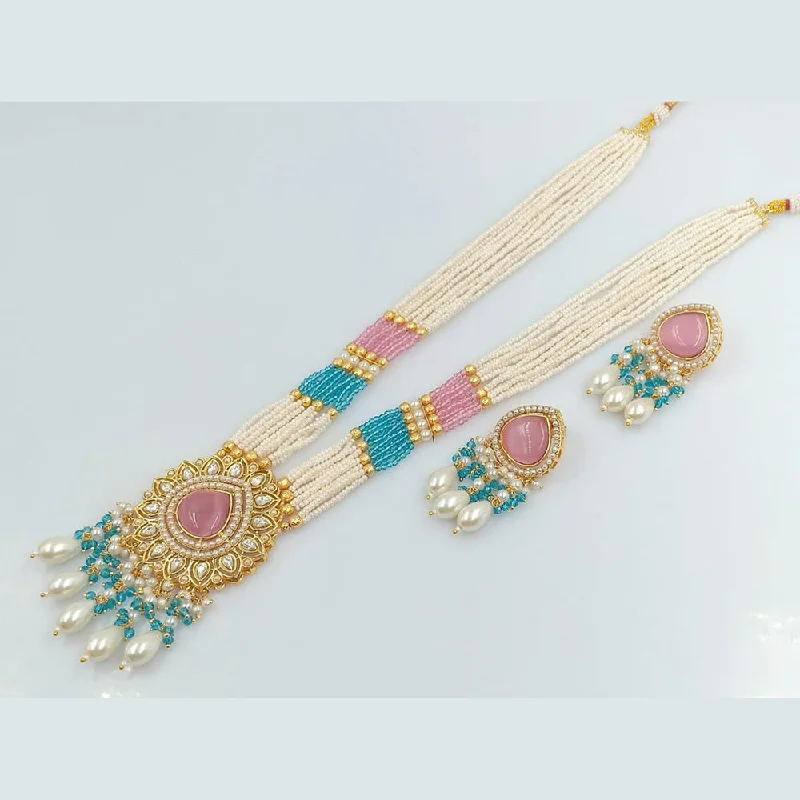 Elegant Gold Leaf Necklace-Rani Sati Jewels Gold Plated Pearl And Kundan Long Necklace Set